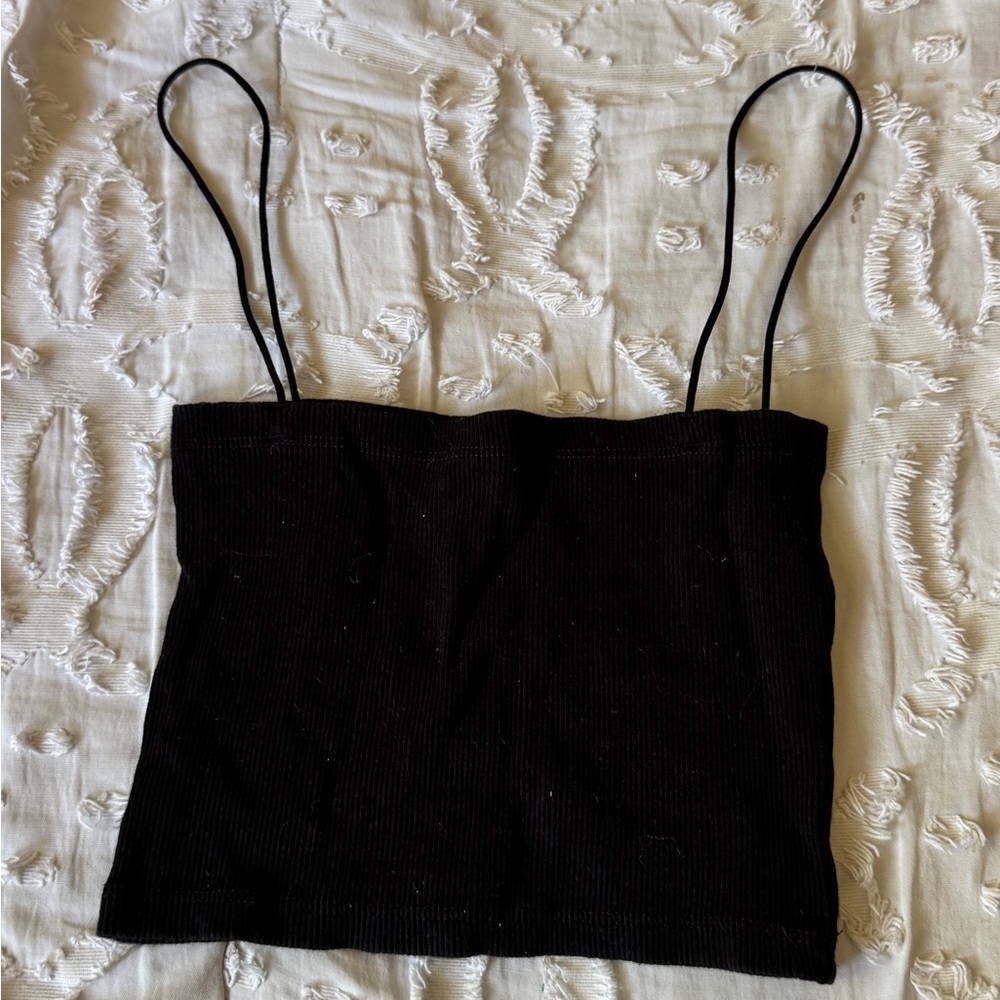 Zara S Black Ribbed Spaghetti-Strap Crop Camisole Tank Top